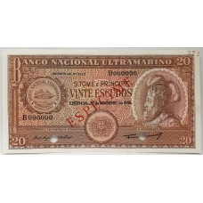 PORTUGAL 1958 . TWENTY 20 ESCUDOS BANKNOTE . SPECIMEN